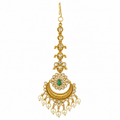 1 Gram Gold Plated Kundan Maang Tikka with Green Stone & Pearls