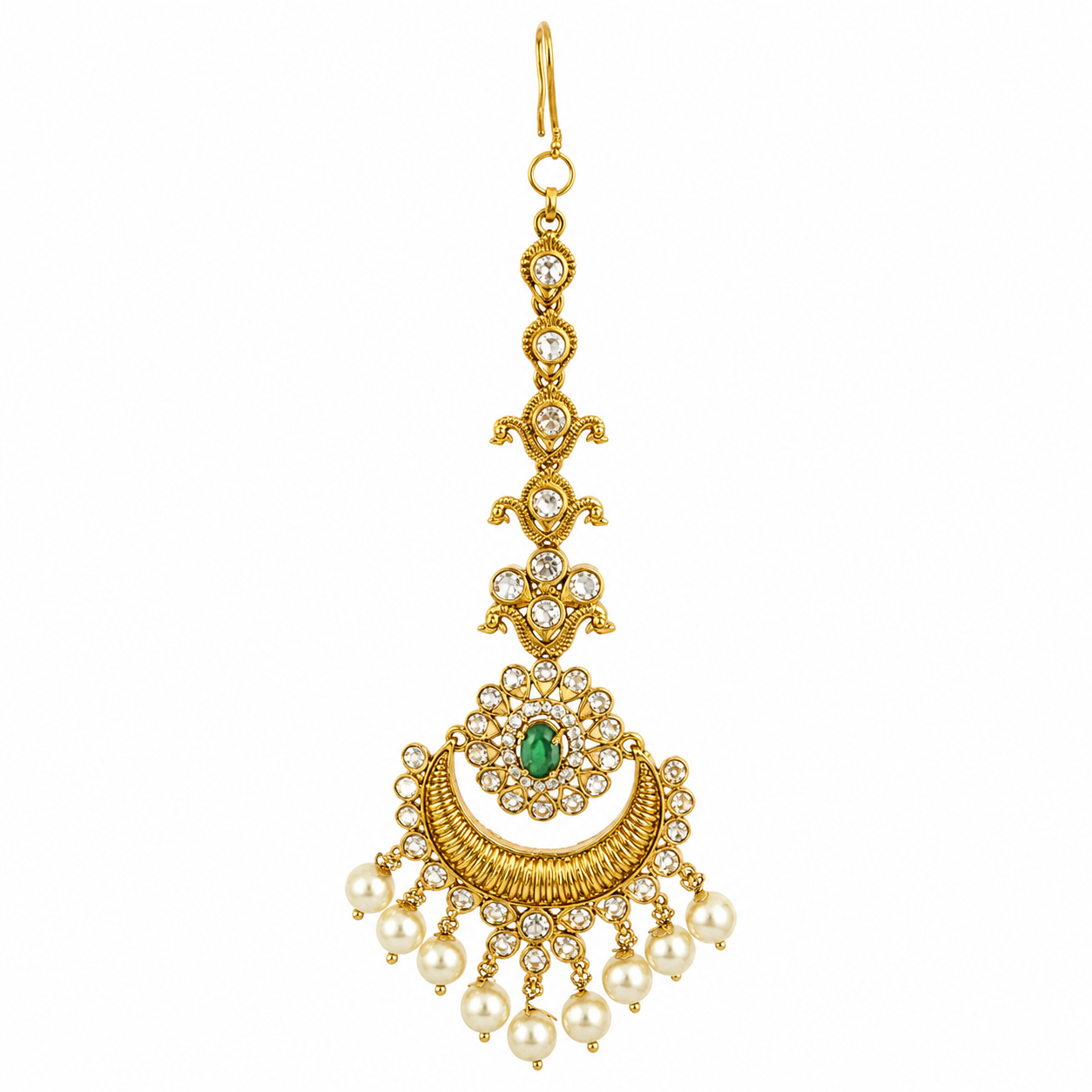 1 Gram Gold Plated Kundan Maang Tikka with Green Stone & Pearls