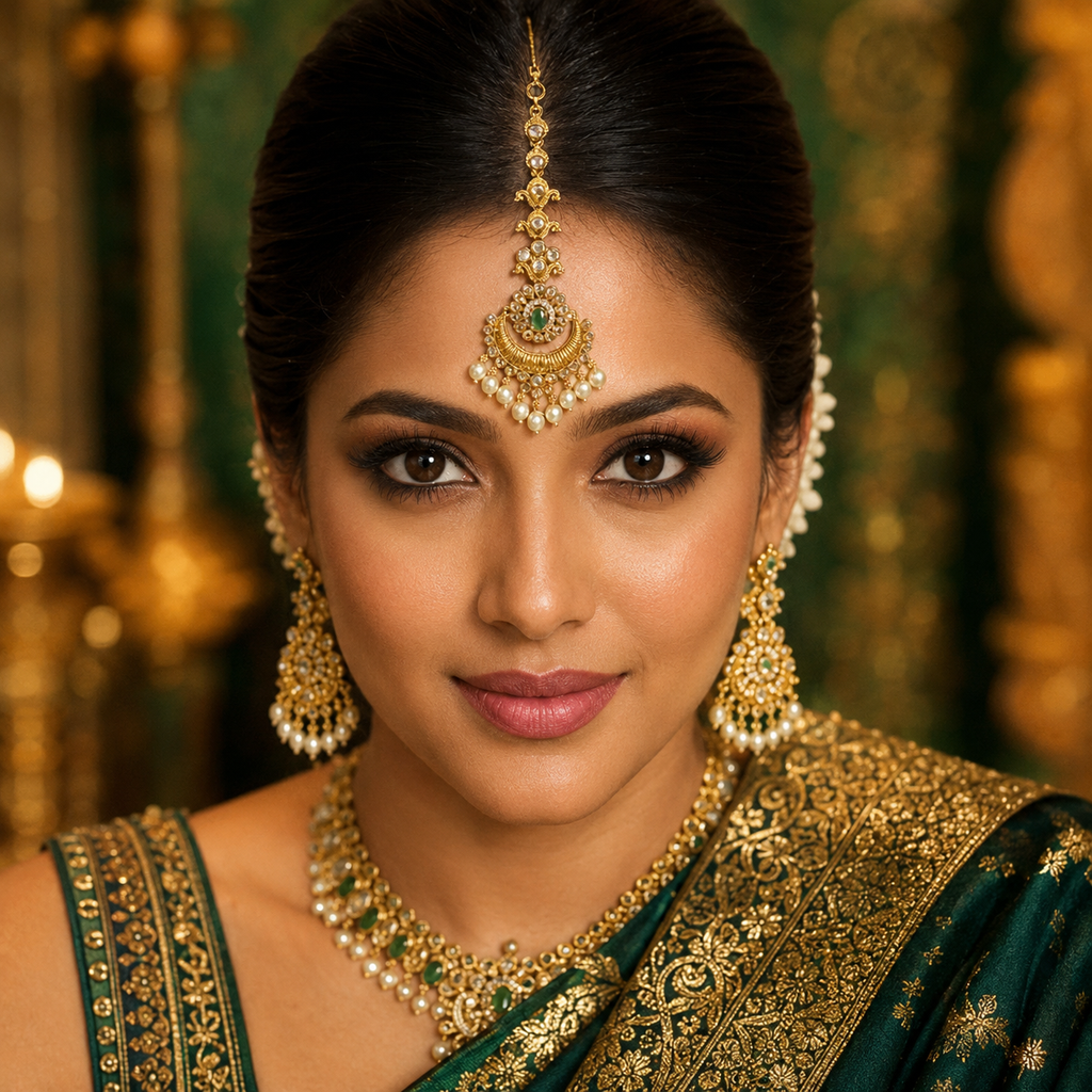 1 Gram Gold Plated Kundan Maang Tikka with Green Stone & Pearls