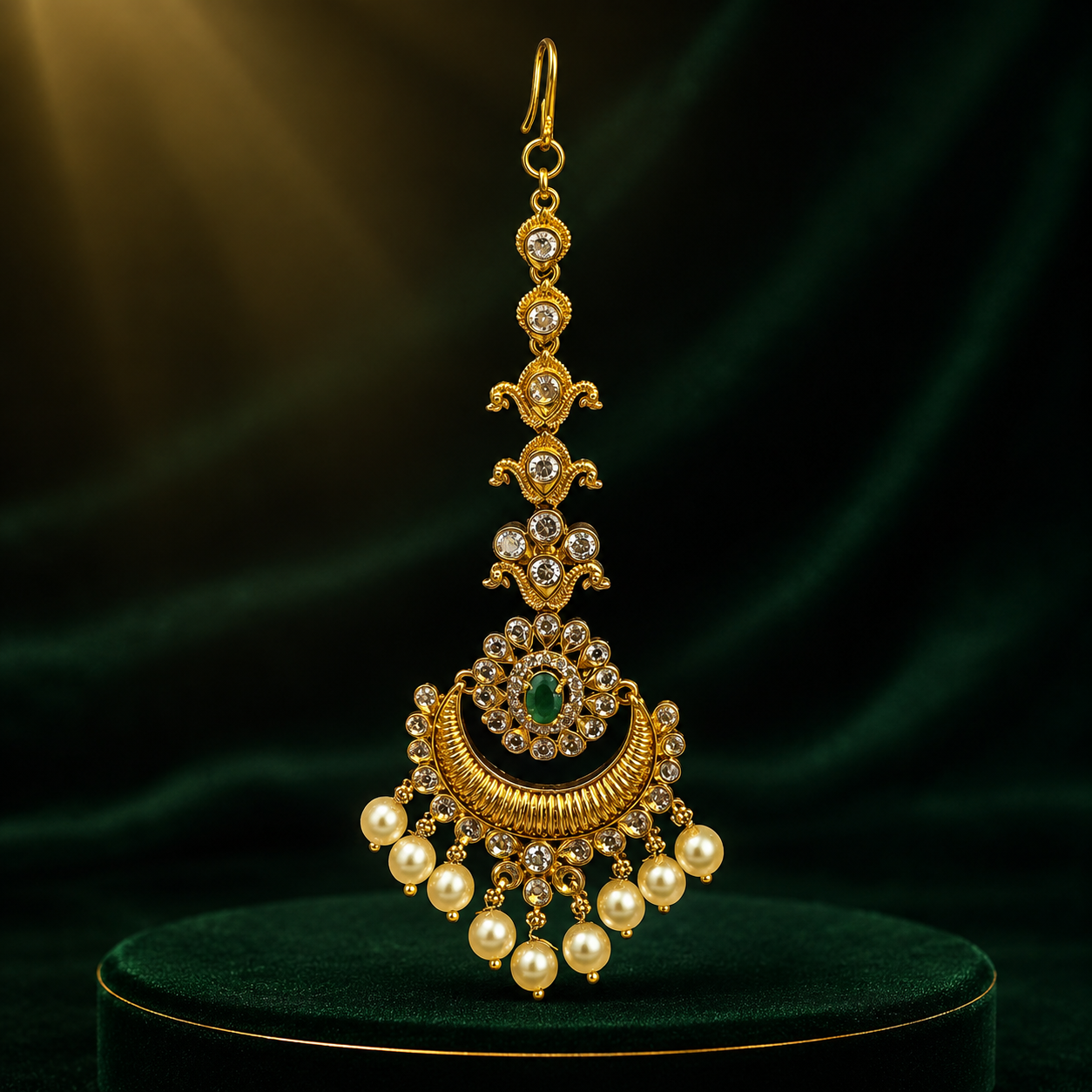1 Gram Gold Plated Kundan Maang Tikka with Green Stone & Pearls